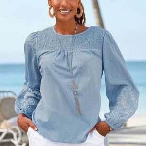 LASCANA Damen-Bluse mit Blumenstickerei an den Ärmeln