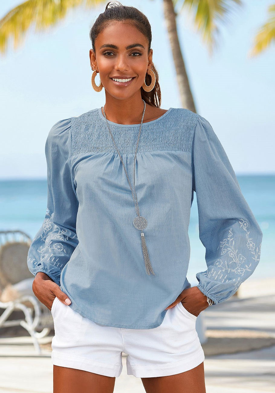 LASCANA Damen-Bluse mit Blumenstickerei an den Ärmeln