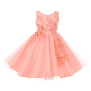 Pfirsichfarbenes Blumenmädchenkleid aus Glitzertüll mit Perlenbesatz, Größen 2–6