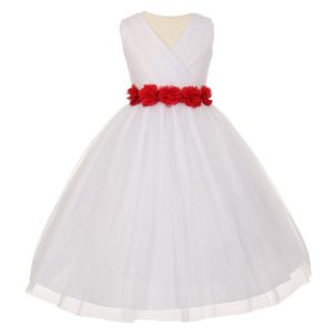 Big Flowers 8-14 Junior-Brautjungfernkleid – Chiffon, Tüll, Mädchen, Weiß, Rot