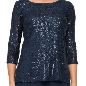 Detail Bluse – 3/4-Ärmel, seitlicher Schlitz, Pailletten, Marineblau
