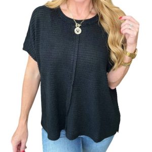Schwarzes Top mit kurzen Fledermausärmeln und vorderer Naht – 7732460421180