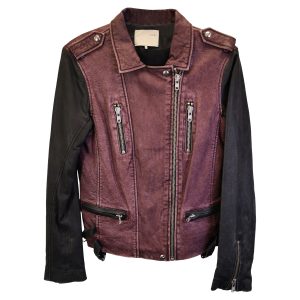 IRO zweifarbige Bikerjacke aus Leder – Burgunderrot/Schwarz – 7733762555964