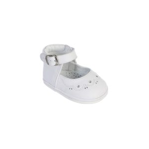 Weiße Baby-Mädchen-Taufschuhe mit Naht-, Wellenkanten- und Knöchelriemen-Details, Größen 1–4