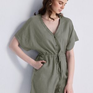 Kurzer Jumpsuit mit V-Ausschnitt und Tunnelzug – Dunkelgrün