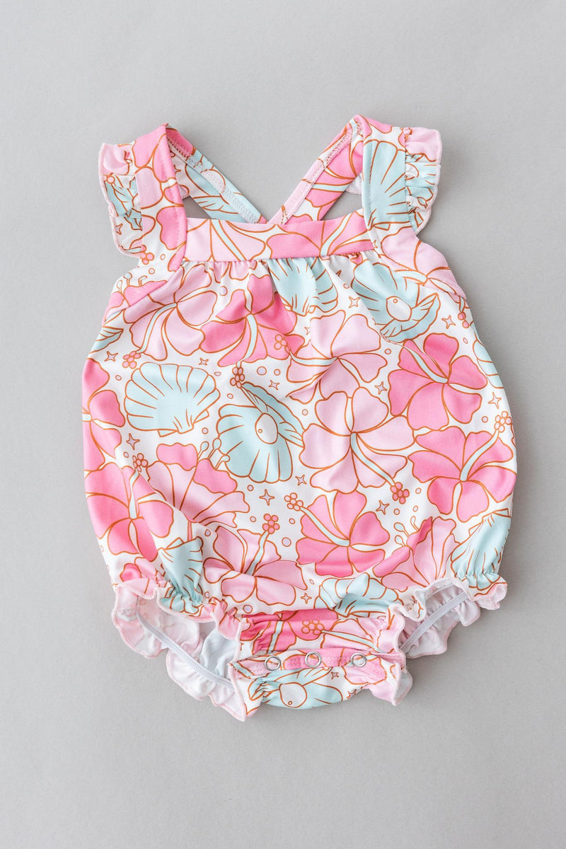 Beach Daze kurzer Overall – überkreuzte Rückenriemen, Rüschen