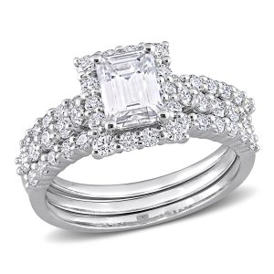 Mimi & Max Brautring-Set aus Sterlingsilber mit quadratischem Halo und synthetischem Moissanit – 2,1 ct DEW