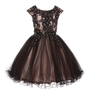 Altrosa-schwarzes Blumenmädchenkleid aus bestickter Spitze mit Strass, Größen 4–6
