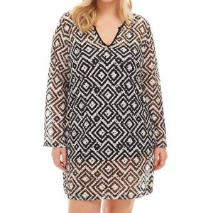 Tunic Geo Pattern Kleid – Langarm, große Größen, V-Ausschnitt, Schwarz, Weiß