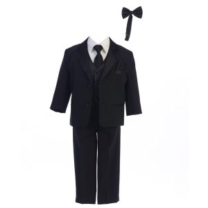 Schwarzer Jungen-Smoking mit Dinnerjacke, Weste, Fliege, Reißverschluss-Krawatte, Hemd und Hose, Größen 2T–7