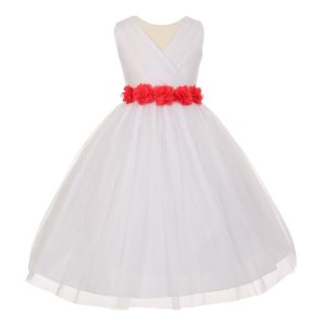 Big Flowers 8-14 Junior-Brautjungfernkleid – Chiffon, Tüll, Mädchen, Weiß, Koralle