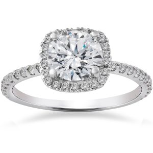 Solitär-Verlobungsring mit rundem, im Labor gezüchtetem Diamanten und Cushion-Halo, 2 ct, Weißgold