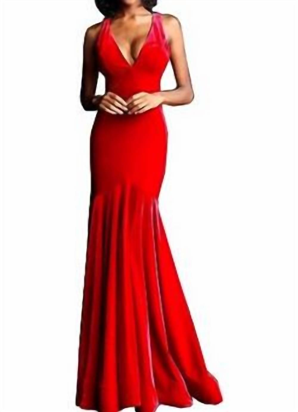 Langes Samtkleid mit offenem Rücken in Rot