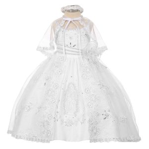 Weißes Mädchen-Taufkleid aus Organza mit Marien-Stickerei, Größen 2–6