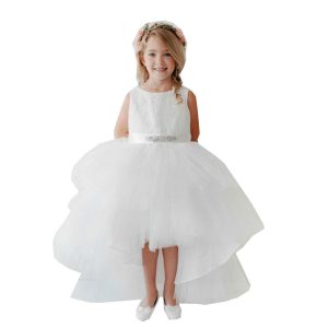 Weißes Junior-Brautjungfernkleid mit Spitzenoberteil, perlenbesetzter Schärpe und Vokuhila-Saum – Größen 8–12
