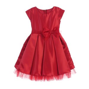 Rotes Mädchen-Weihnachtskleid aus Satin mit durchgehenden Falten und Schleifenverzierung, Größen 7–12