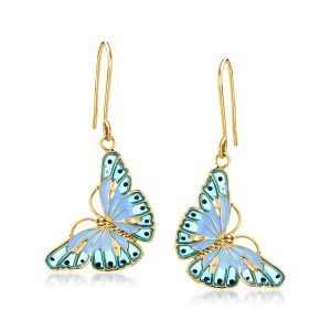 Ross-Simons italienische Schmetterlings-Hängeohrringe mit blauem Emaille in abgestuften Tönen aus 14 kt Gelbgold