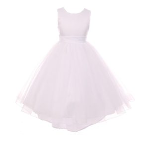 RainKids weißes Blumenmädchenkleid aus Satin und Tüll mit Perlen und Vokuhila-Saum, Größen 2–6