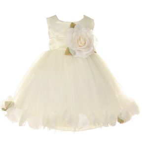 Baby-Blumenmädchenkleid aus Satin und Tüll mit Blütenblattverzierung – Elfenbein, 6–24 Monate