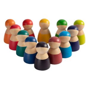 12 Holz-Steckpuppen in Regenbogen-Grundfarben