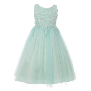 Mintfarbenes Kleid für junge Brautjungfern aus Tüll und Satin mit Perlen und Pailletten, Größen 14–16