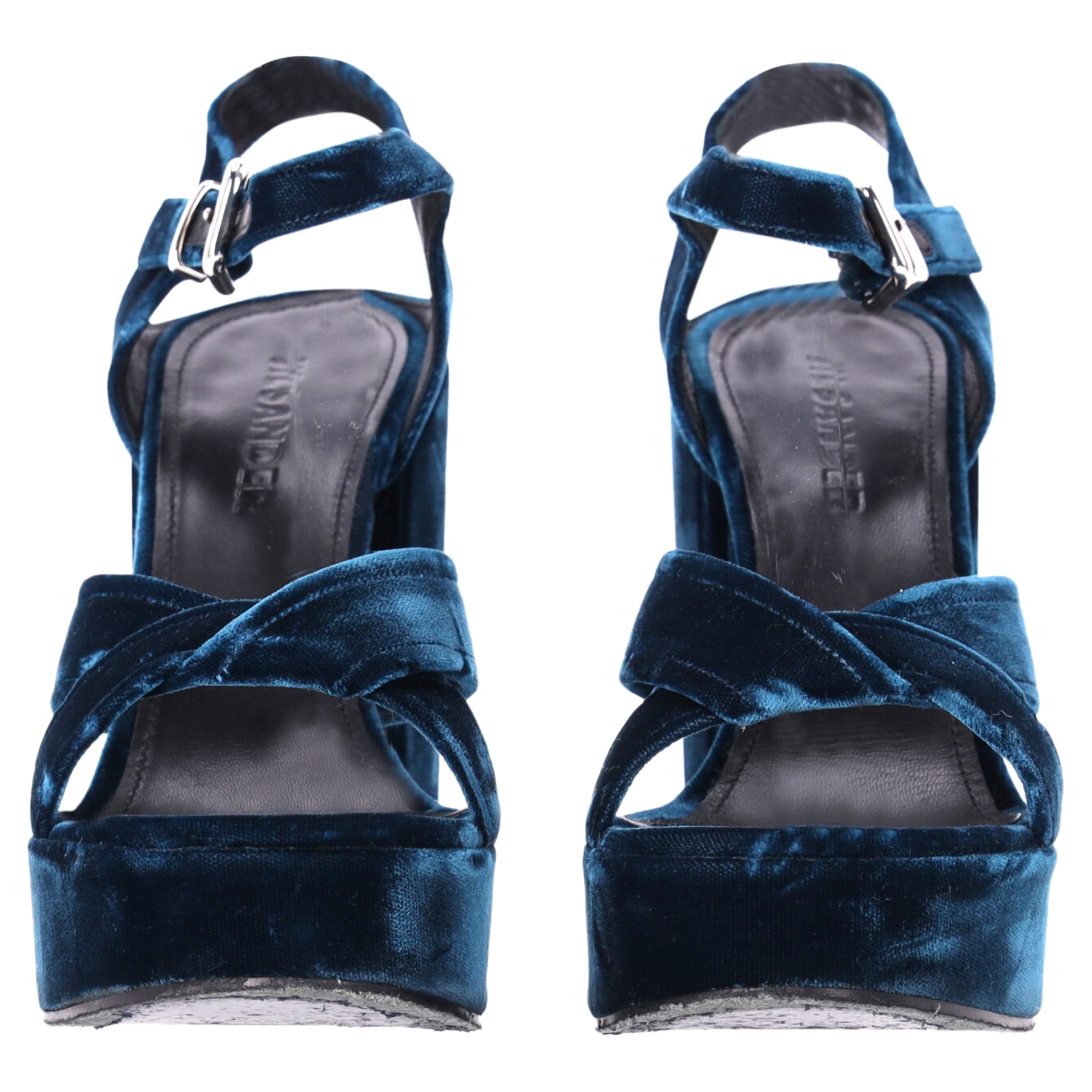 Jil Sander Sandaletten aus blauem Samt mit kräftigem Absatz