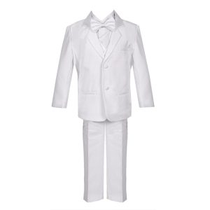Weißer fünfteiliger Baby-Jungen-Smokinganzug mit Weste, Jacke und Hose, 3–24 Monate