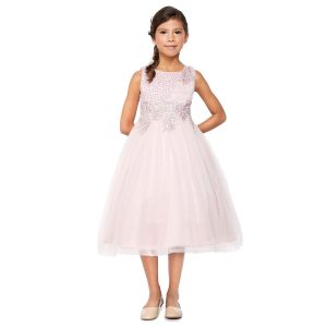 Altrosa Blumenmädchenkleid aus Satin und Tüll mit gerollter Spitze und Perlenbesatz, Größen 4–6