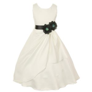 Big Flowers Occasion 8-14 Kleid – matter Satin, Pailletten, Brautstil, Mädchen, Schwarz, Elfenbein