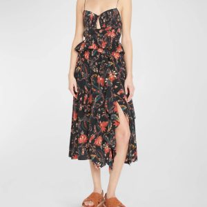 Renata Obsidian Midikleid – Rüschen, Blumenmuster, Schwarz