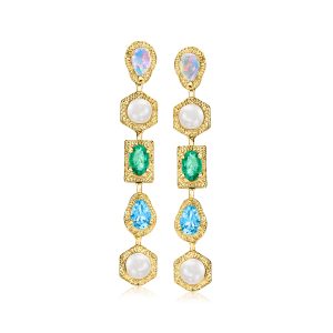 Ross-Simons Hängeohrringe mit Opal, Zuchtperlen, 4,5–5 mm, Swiss-Blue-Topas und Smaragd aus mit 18 kt Gold vergoldetem Sterlingsilber