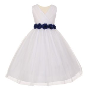 Big Royal Flowers 8-14 Junior-Brautjungfernkleid – Chiffon, Tüll, Mädchen, Weiß, Blau