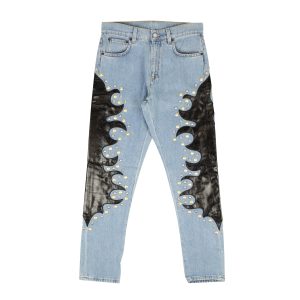 Moschino Couture Jeans mit Flammendetail aus Leder in Blau