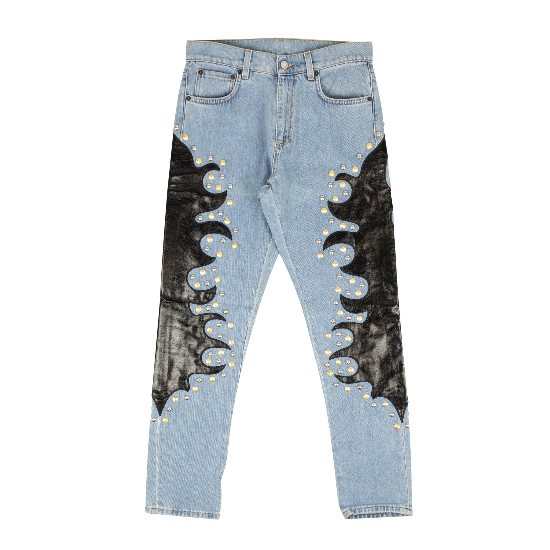 Moschino Couture Jeans mit Flammendetail aus Leder in Blau