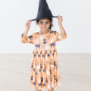 Spooky Kitty Kleid mit schwingendem Rock – 3/4-Ärmel, Taschen
