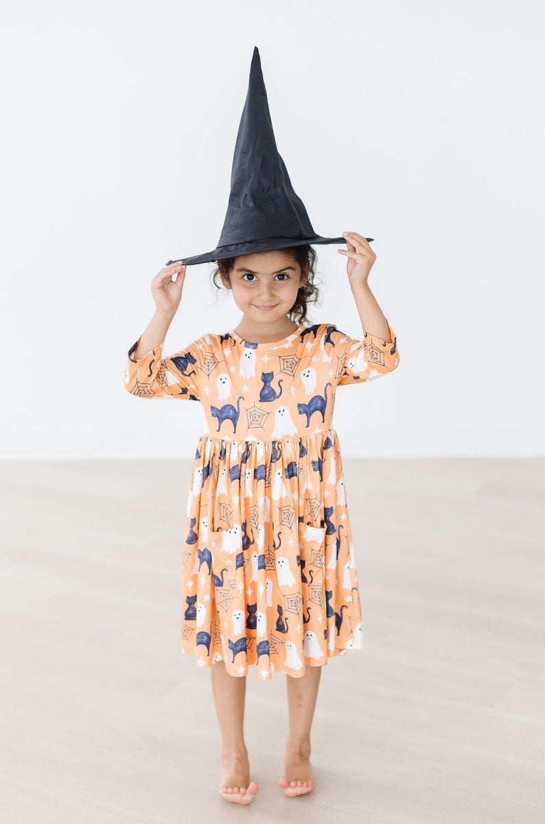 Spooky Kitty Kleid mit schwingendem Rock – 3/4-Ärmel, Taschen