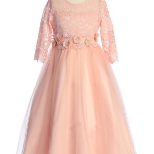 Blumenmädchenkleid aus Spitze und Tüll mit floraler Taillenverzierung, Größen 4–16