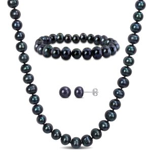 Mimi & Max Set aus Halskette, Armband und Ohrringen mit schwarzen Süßwasser-Zuchtperlen, 7,5–8 mm