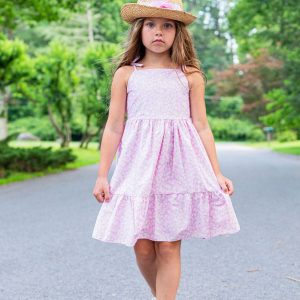 Rosa Mädchen-Baumwollkleid mit Gänseblümchenprint und Schulterbändern, Größen 2–14