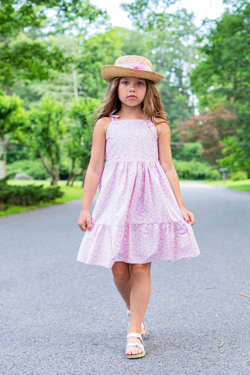 Rosa Mädchen-Baumwollkleid mit Gänseblümchenprint und Schulterbändern, Größen 2–14