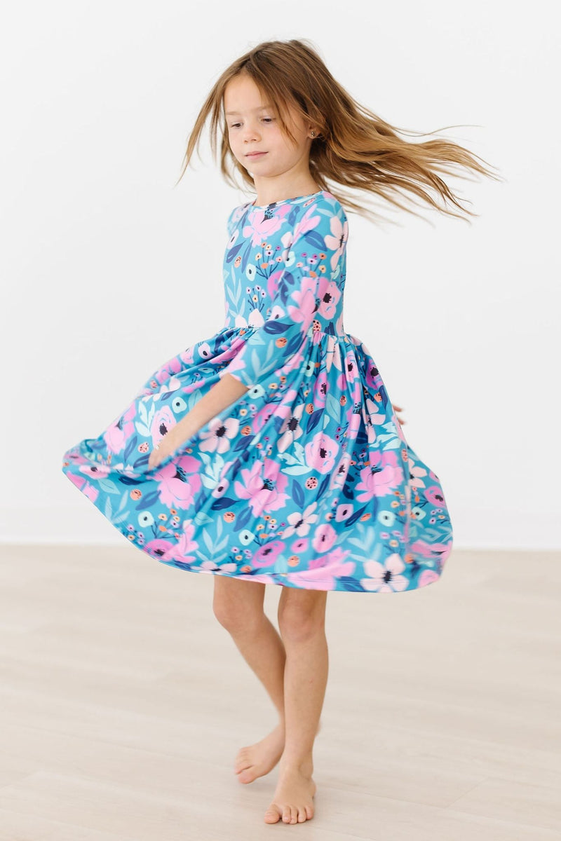 Twirling Kleid mit schwingendem Rock – 3/4-Ärmel, Petrol