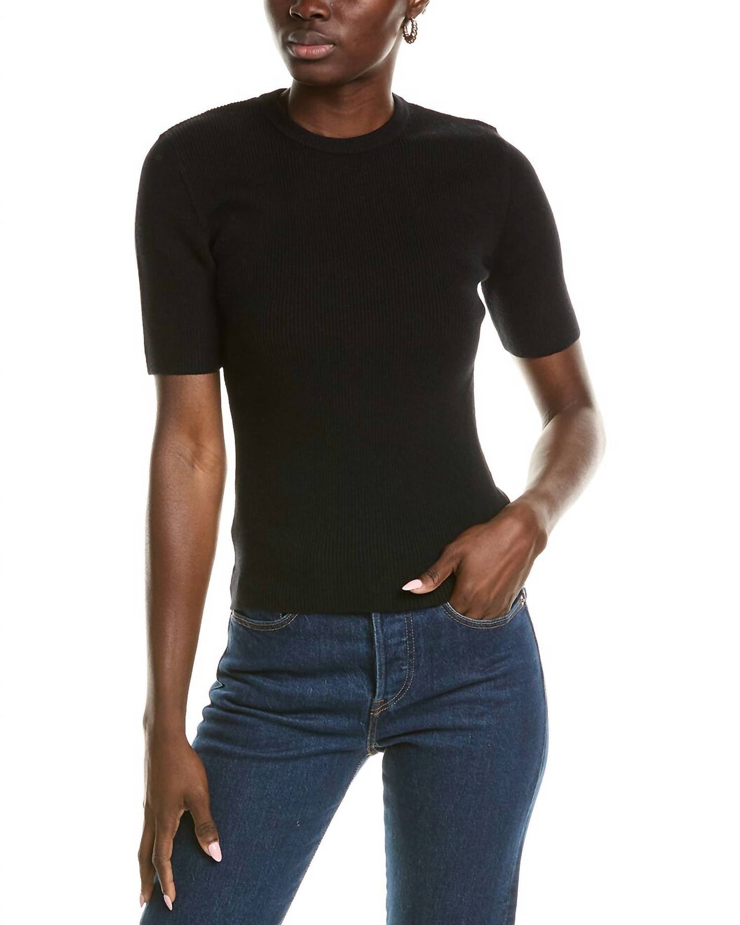 Salma gerippter Kurzarm-Pullover – Schwarz