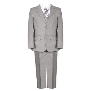 Grauer eleganter fünfteiliger Jungen-Festanzug mit Weste, Jacke und Hose, Größen 2–7