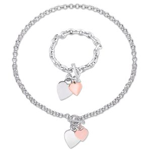 Mimi & Max zweifarbiges Set aus Armband und Halskette mit Herzanhänger aus rosa und weißem Sterlingsilber