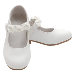 Weiße flache Mary-Jane-Festschuhe für Kinder mit Blumenakzent, Größe 2