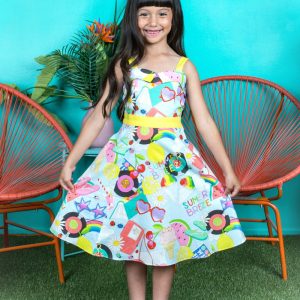 Mädchen-Baumwollkleid im Pin-up-Stil mit Summer-Breeze-Print und Taschen, Größen 2–14