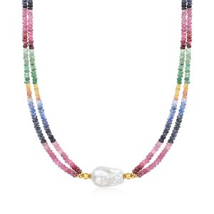 Ross-Simons Halskette mit Barock-Zuchtperle, 22 × 14 mm, und mehrfarbigen Saphirperlen mit 18 kt vergoldetem Sterlingsilber