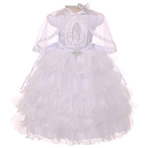 Weißes Mädchen-Taufkleid mit Rüschen und Marien-Stickerei, Größen 2–6