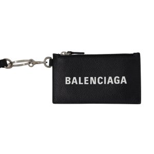 Balenciaga Kartenetui aus schwarzem Leder mit Logo und Umhängeband – 7733861974076