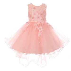 Altrosa Blumenmädchenkleid aus Tüll mit 3-D-Blumenapplikationen und Vokuhila-Saum, Größen 2–6